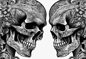 Two 1911 facing away from each other that create a terrifying skull tattoo idea