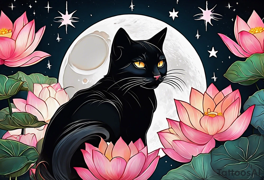 Photo realistic black cat head with moon and stars and lotus flower tattoo idea