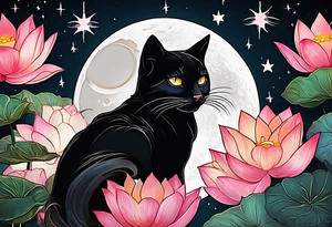Photo realistic black cat head with moon and stars and lotus flower tattoo idea