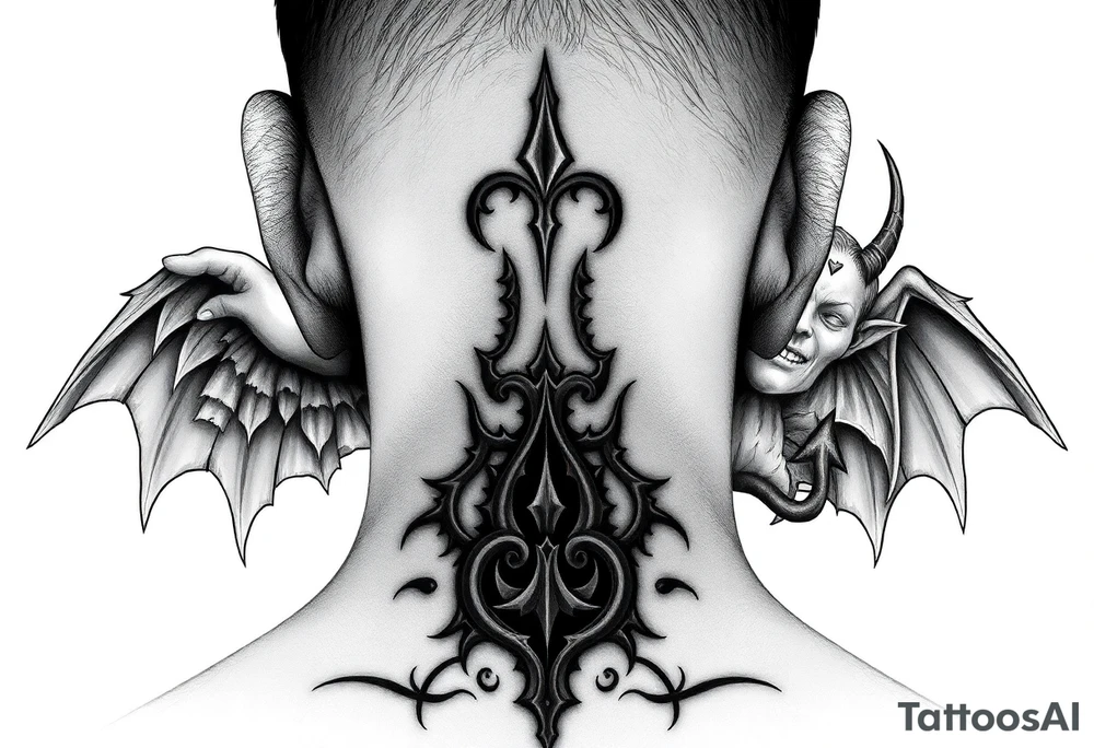 position behind the neck Angel (on the right) whispering in the right ear, demon (on the left) whispering in the left ear. It must be as realistic as possible. tattoo idea