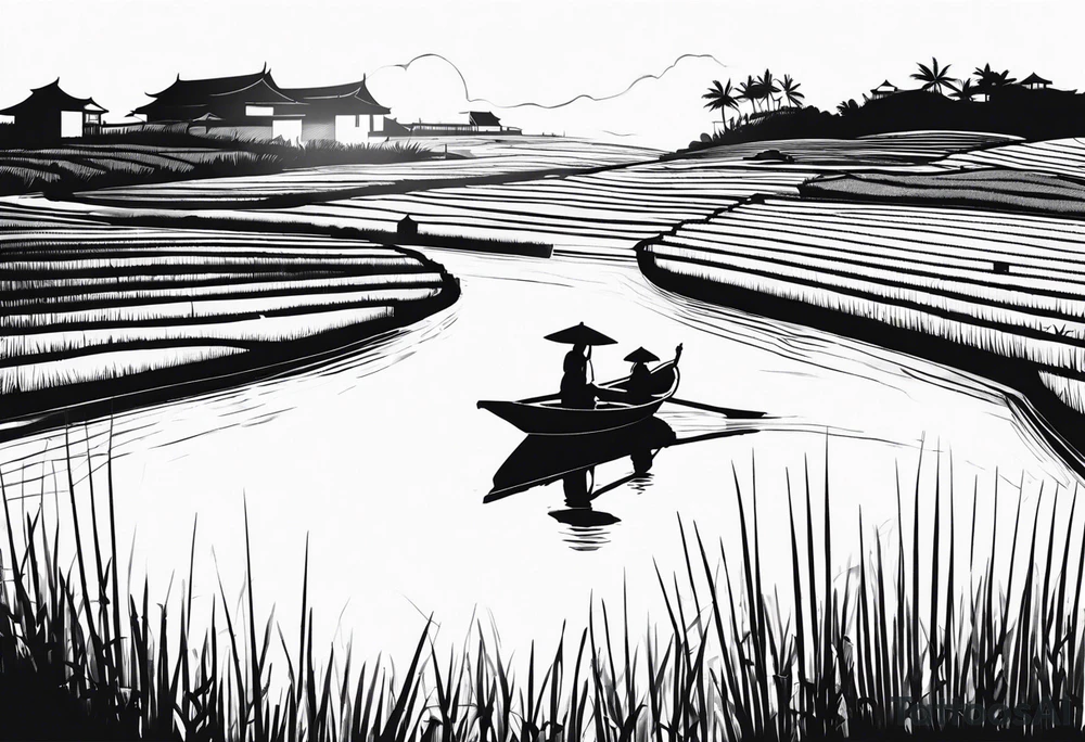 vietnamese lady on boat rice fields water sunset home tattoo idea