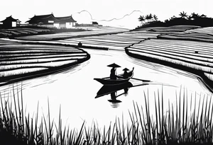 vietnamese lady on boat rice fields water sunset home tattoo idea