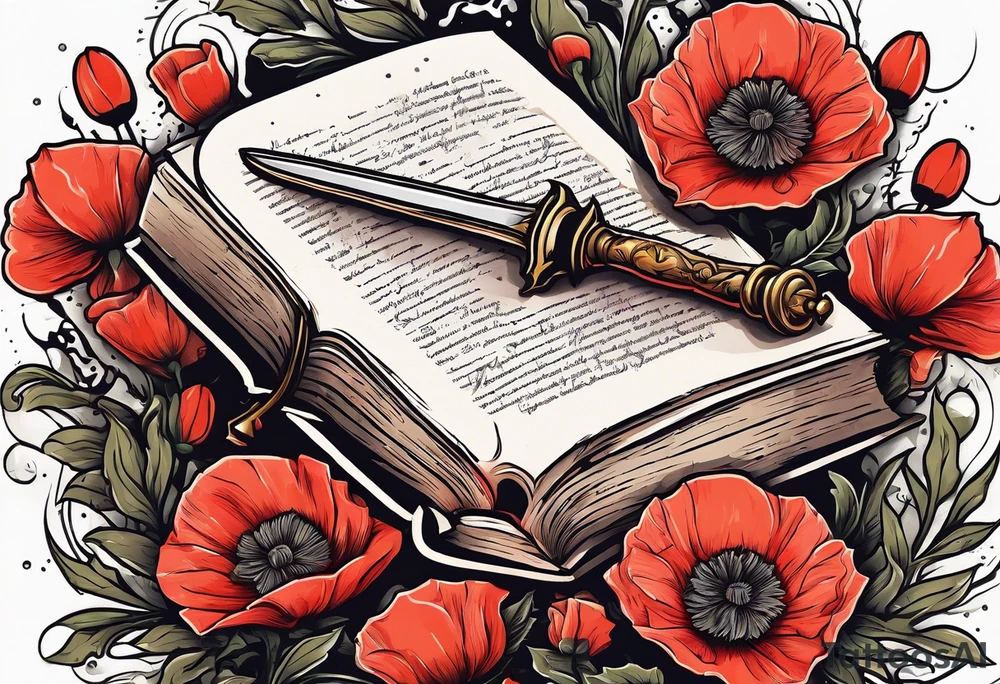 A dagger through a book surrounded by poppy flowers tattoo idea