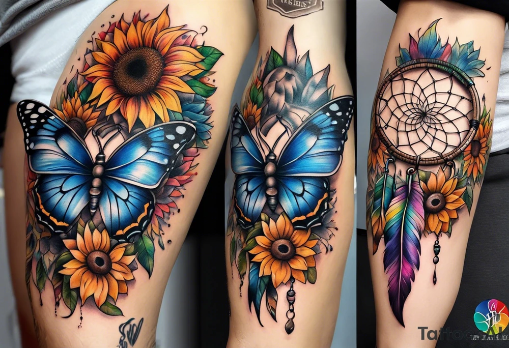 Quarter Leg sleeve with dreamcatcher, rainbow sunflowers and one butterfly tattoo idea