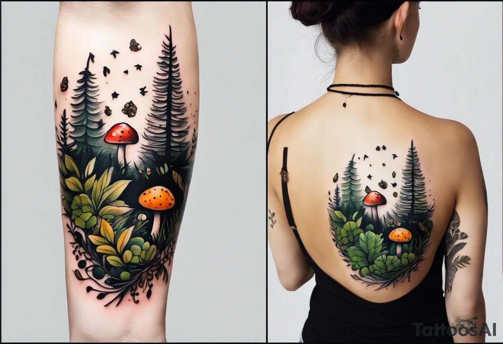 minimalistic forest floor inspired tattoo, which includes grass, moss, curly ferns and dead leaves as the bulk of the tattoo. details to include: forest berries, couple of very small brown mushrooms, a tiny bumblebee flying nearby tattoo idea