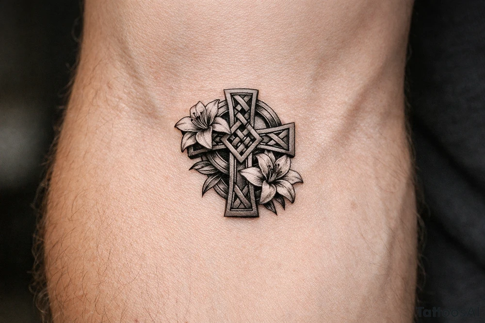 Celtic cross with Lillies memorial tattoo idea