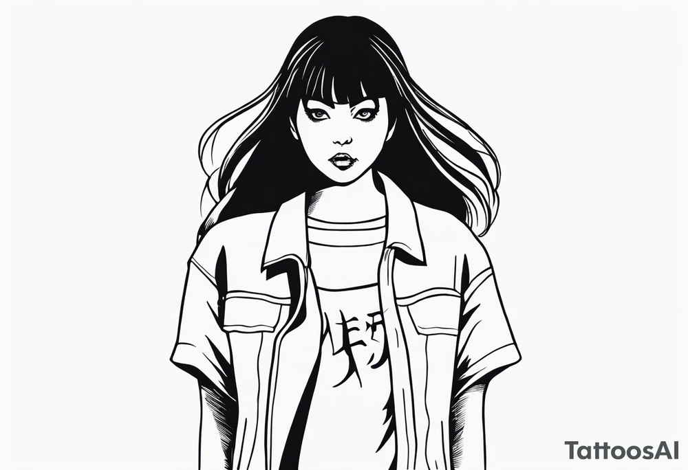 portrait of tomie standing up a character by the horror manga author junji ito full body standing murderously. add more horror and gore elements tattoo idea