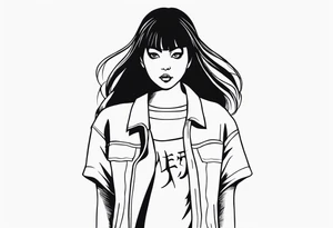 portrait of tomie standing up a character by the horror manga author junji ito full body standing murderously. add more horror and gore elements tattoo idea