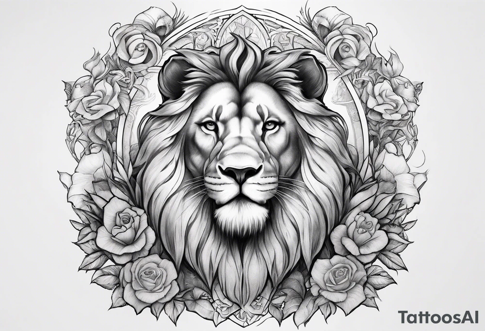 Full sleeve with Lion, cross, praying hands, Scarlett, Faith, angels gods tattoo idea