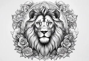 Full sleeve with Lion, cross, praying hands, Scarlett, Faith, angels gods tattoo idea