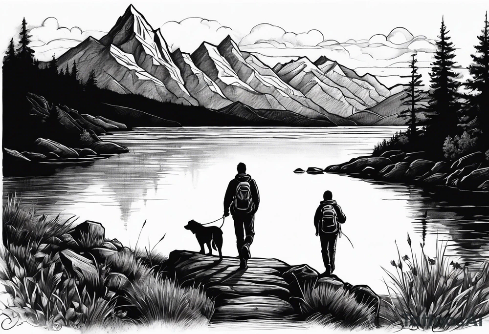 nature, sunset, mountains, a father and son hiking with their dog and cat by the water and a cross in the distance tattoo idea