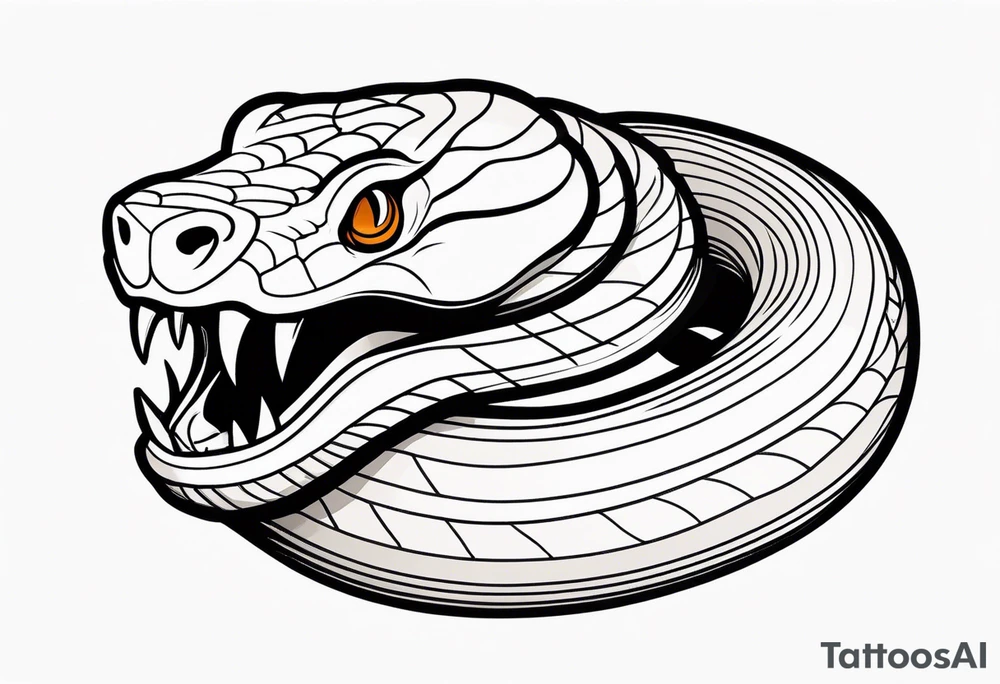 Copperhead coiled up with head turned up and mouth open and copper colored eyes tattoo idea