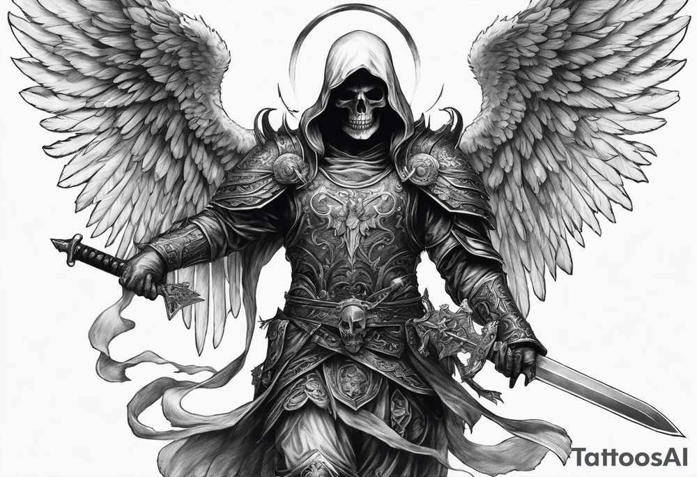 realistic angel of death, full body, no face visible, holding one sword in both hands, sword pointing downwards, skulls lying on the ground tattoo idea