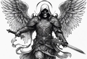 realistic angel of death, full body, no face visible, holding one sword in both hands, sword pointing downwards, skulls lying on the ground tattoo idea