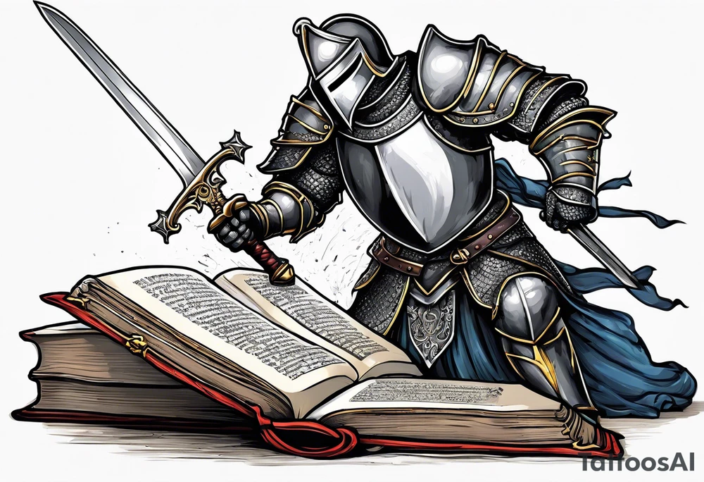 a knight pulling a sword out of an open bible tattoo idea