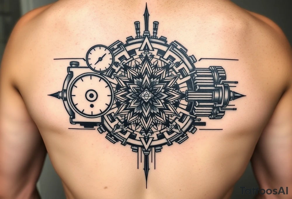 Abstract geometric engine cross-section, multiple chambers showing active transformation - raw materials entering, pressure gauges maxed out, diamond crystallizing in center chamber, fuel lines forming mandala patterns, small alchemical symbols (sulfur, mercury, salt) integrated into mechanical parts, everything in motion with dynamic flow lines, black and grey tattoo with energy radiating tattoo idea