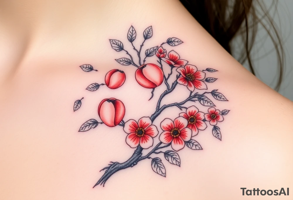 Full tree with peaches leaves, and flowers on it tattoo idea