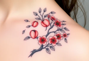 Full tree with peaches leaves, and flowers on it tattoo idea
