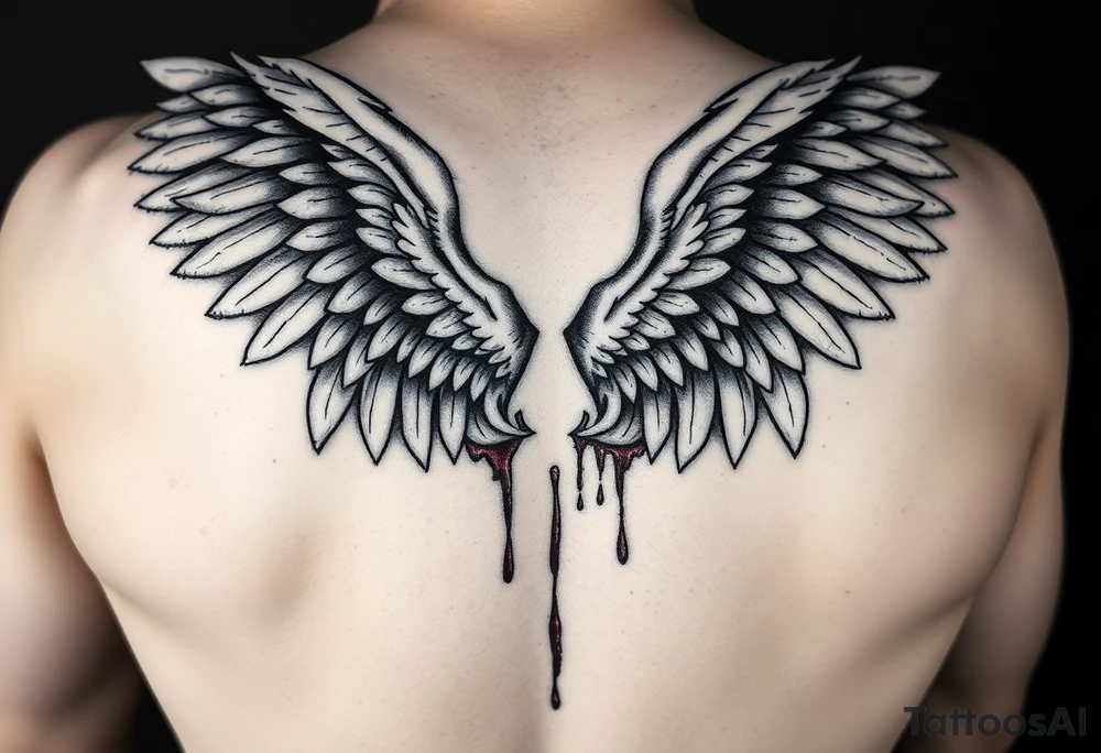 Angel wings folded and tucked against the back dripping in blood tattoo idea