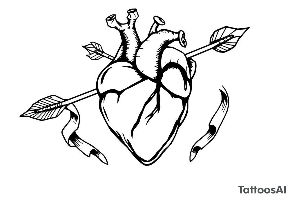 anatomical heart pierced by ornate arrow with flowing ribbons tattoo idea