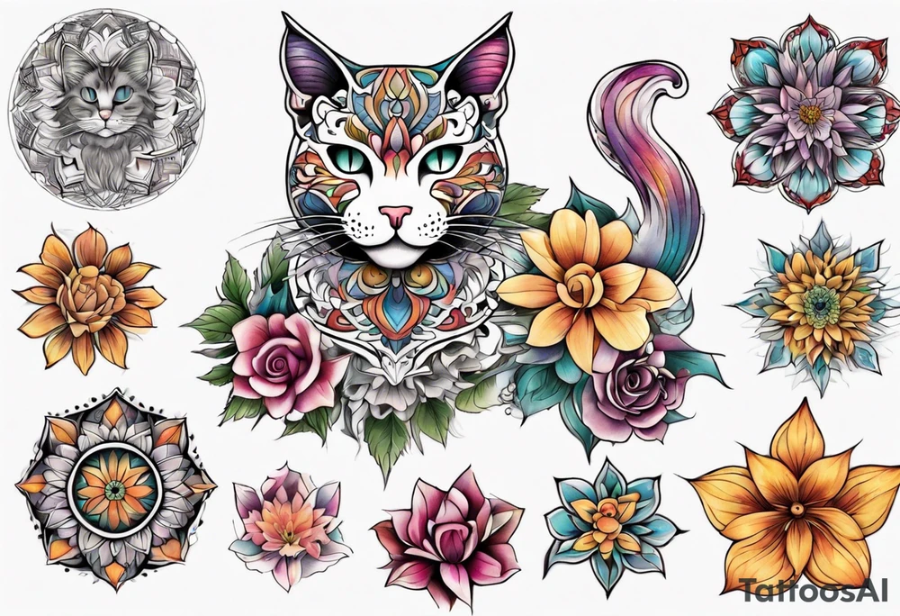 Cat colored flowers Mandala tattoo idea