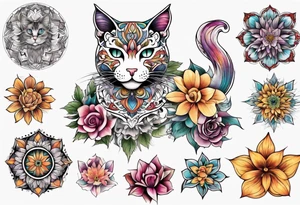 Cat colored flowers Mandala tattoo idea