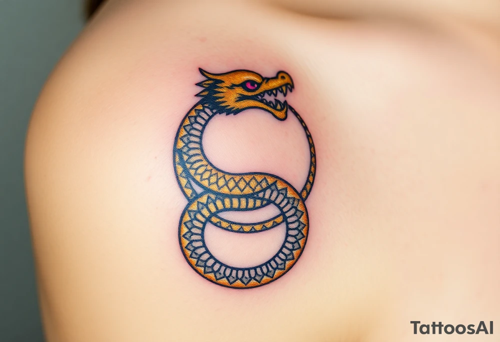 A golden dragon Ouroboros snake forming cyrcle with ruby eyes, its body covered in ancient markings, resembling a divine entity. tattoo idea