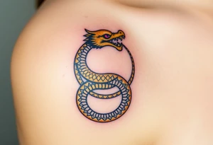 A golden dragon Ouroboros snake forming cyrcle with ruby eyes, its body covered in ancient markings, resembling a divine entity. tattoo idea