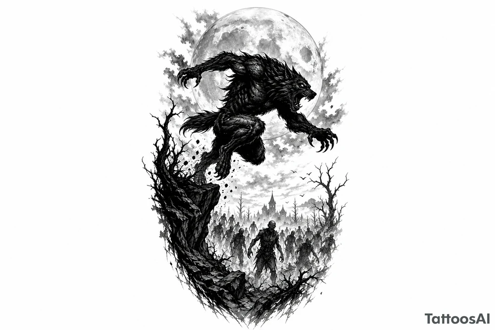 Silhouette of a werewolf leaping, full moon overhead, distant zombie horde. tattoo idea