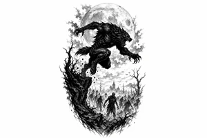 Silhouette of a werewolf leaping, full moon overhead, distant zombie horde. tattoo idea