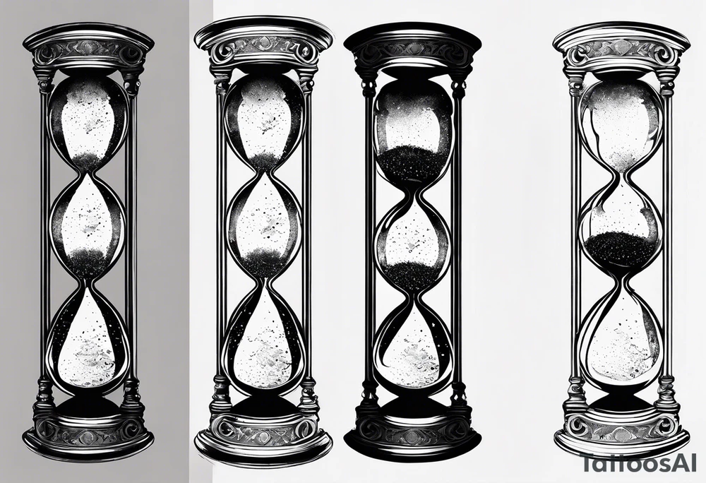Hourglass with star stuff and cosmic dust exploding from the top and bottom of the hourglass. Long tattoo to fit on the forearm tattoo idea