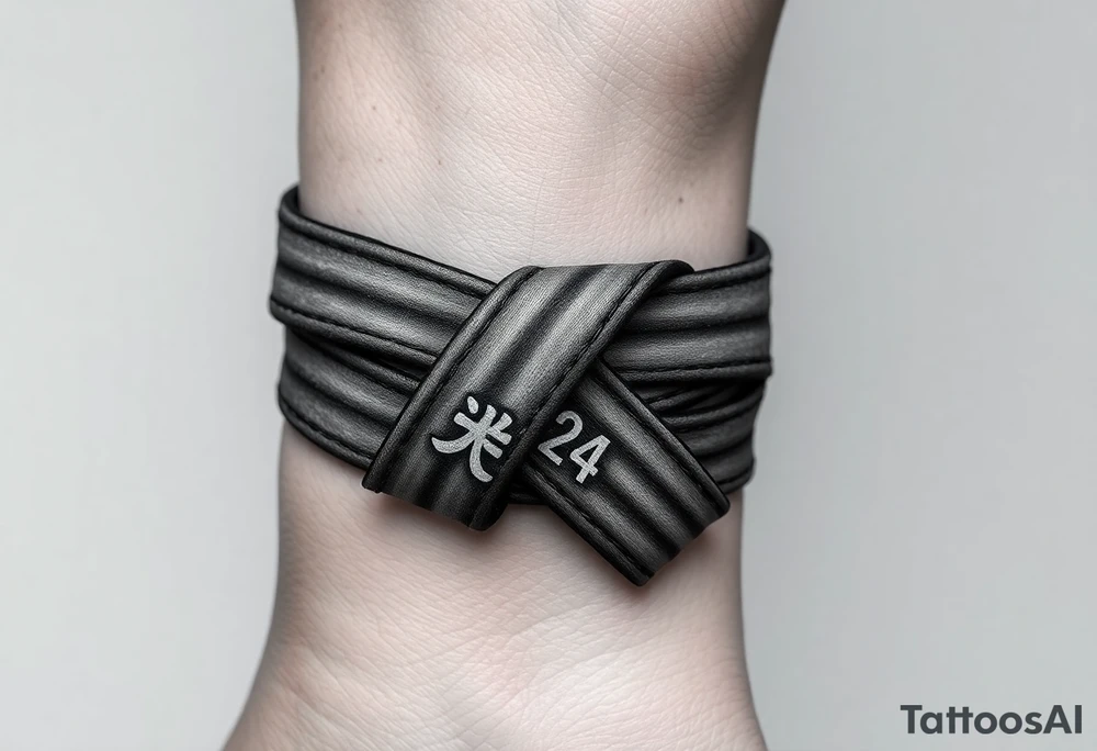A realistic black and gray tattoo of a Brazilian Jiu-Jitsu black belt wrapping around the wrist like a bracelet. The belt is tied in a knot with one end showing the number 30 and the other showing 24. On the flat end of the belt, two Japanese kanji characters are inked in white: 成長 (growth) and 忍耐 (perseverance). The belt has subtle stitch marks and worn, textured shading for a slightly distressed, authentic look. tattoo idea