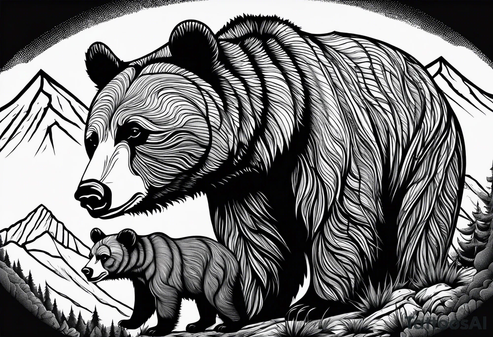 mamma bear and cub with mountains tattoo idea