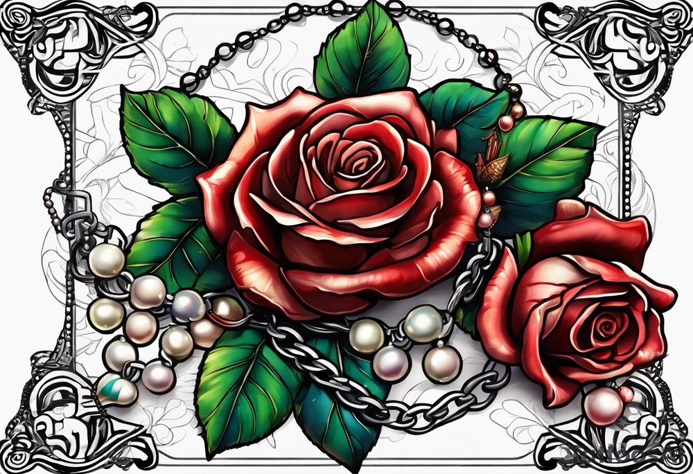 Red rose with a chain made of pearls and a seashell tattoo idea