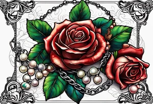 Red rose with a chain made of pearls and a seashell tattoo idea