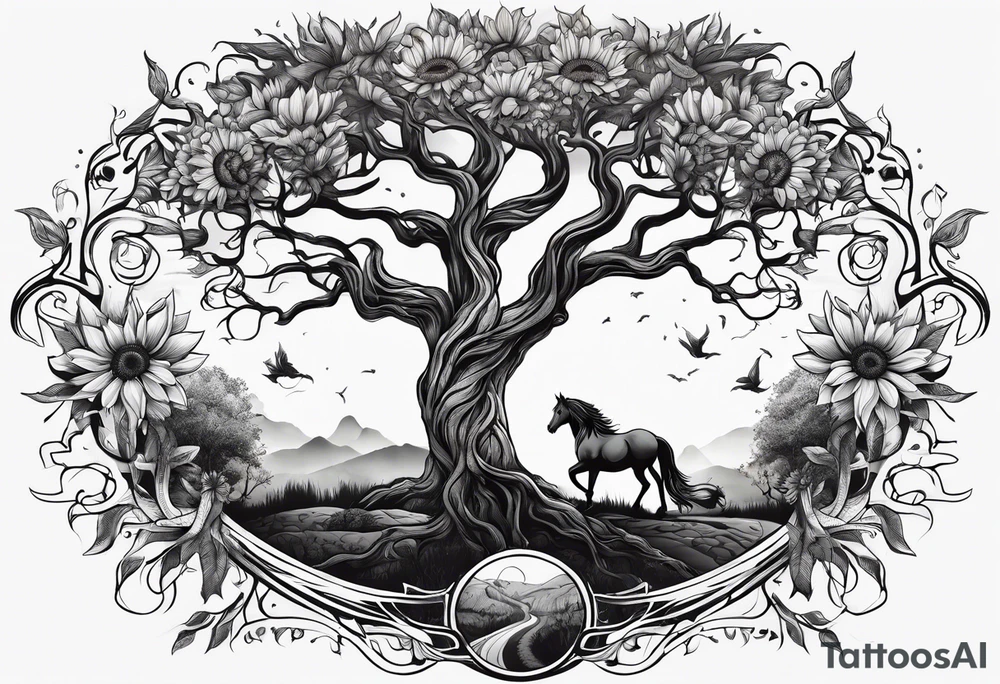 Yggdrasil tree, horse in front of it, and sunflowers tattoo idea