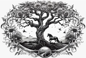Yggdrasil tree, horse in front of it, and sunflowers tattoo idea