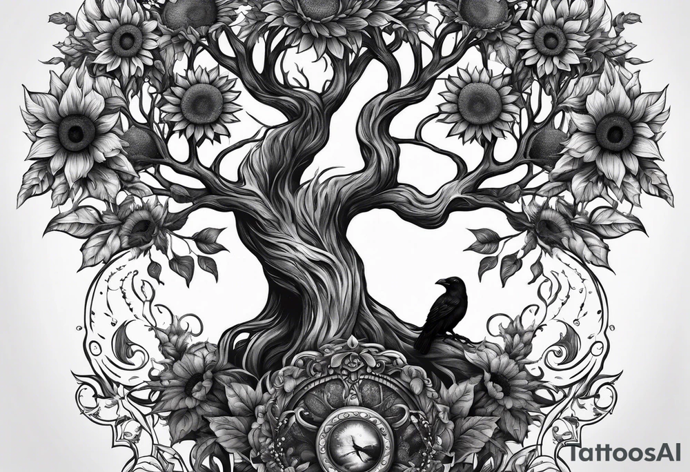 Feminine Yggdrasil tree with two ravens and sunflowers tattoo idea