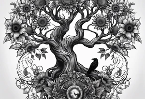 Feminine Yggdrasil tree with two ravens and sunflowers tattoo idea