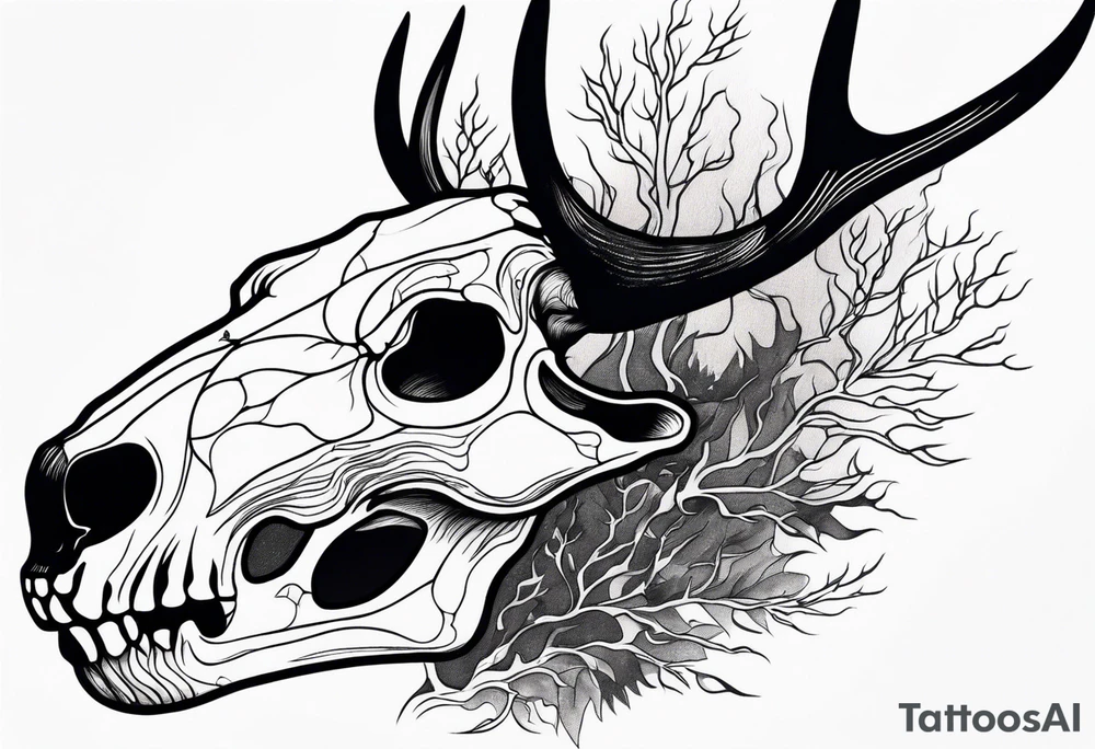 side view of a deer skull and neck JUST BONE surrounded by a flames and trees tattoo idea