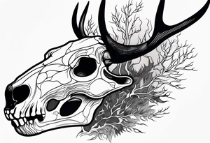 side view of a deer skull and neck JUST BONE surrounded by a flames and trees tattoo idea