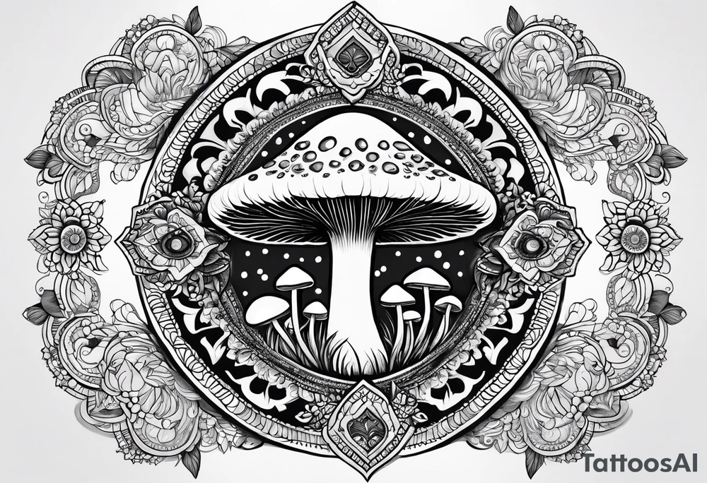Black mushroom tattoo with henna style mandala design surrounding it tattoo idea