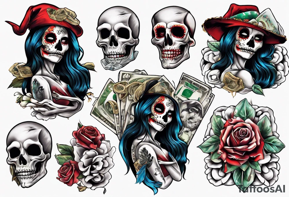 santa la muerta with money tattoo idea