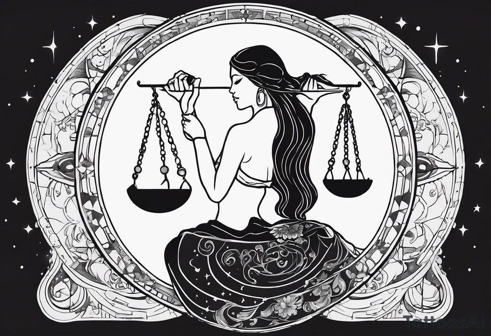 Libra woman holding scales with a night zodiac background including a half moon that encircles half of the woman with vibrant colors tattoo idea
