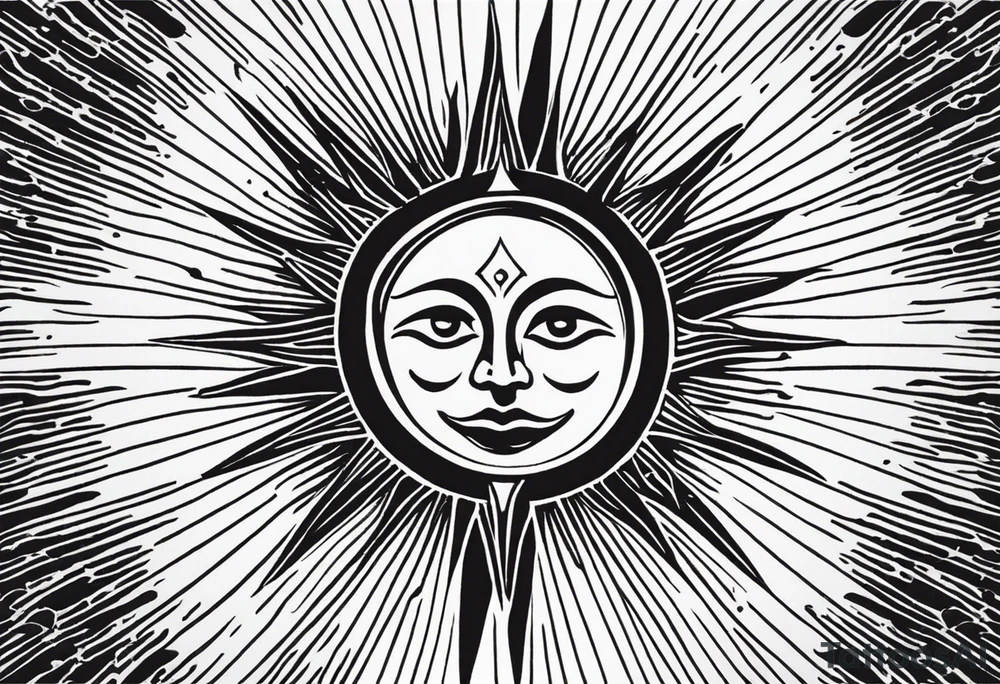 A symmetrical tattoo designed for the knee, featuring a sun with an eccentric, expressive face at the center. The sun’s rays extend sharply in a pointed, flame-like pattern, resembling heat waves, reaching downward toward the shin and upward above the knee. The design should have a dynamic and bold composition, with flowing yet angular lines that emphasize movement and symmetry. tattoo idea