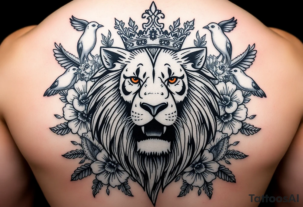 powerful majestic lion with a crown, surrounded by floral ornaments and birds tattoo idea