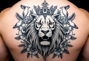 powerful majestic lion with a crown, surrounded by floral ornaments and birds tattoo idea