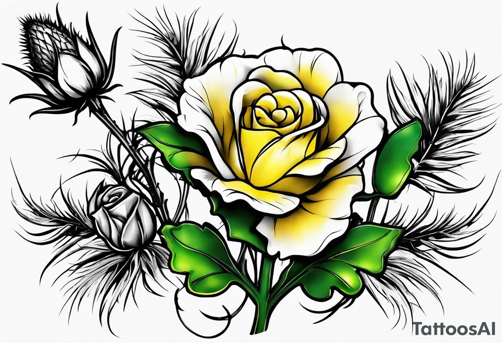 A thistle and a yellow rose and a shamrock whose stems spell K N D. tattoo idea