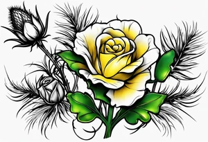 A thistle and a yellow rose and a shamrock whose stems spell K N D. tattoo idea