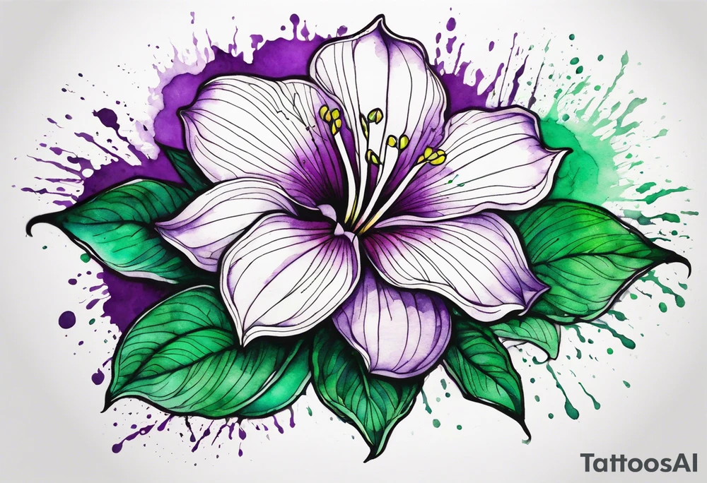 A mystical outline of a rio dipladenia flower and a green/purple watercolor splash in the background tattoo idea